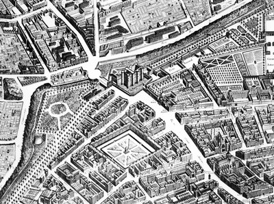 Bastille, Place Royale, nyt Place des Vosges ja Rue Saint-Antoine, yksityiskohta Pariisin suunnitelmasta, joka tunnetaan nimellä Plan de Turgot, kaiverrus Claude Lucas, 1734-39 kaiverrus yksityiskohta numerosta 233535 tekijältä Louis Bretez
